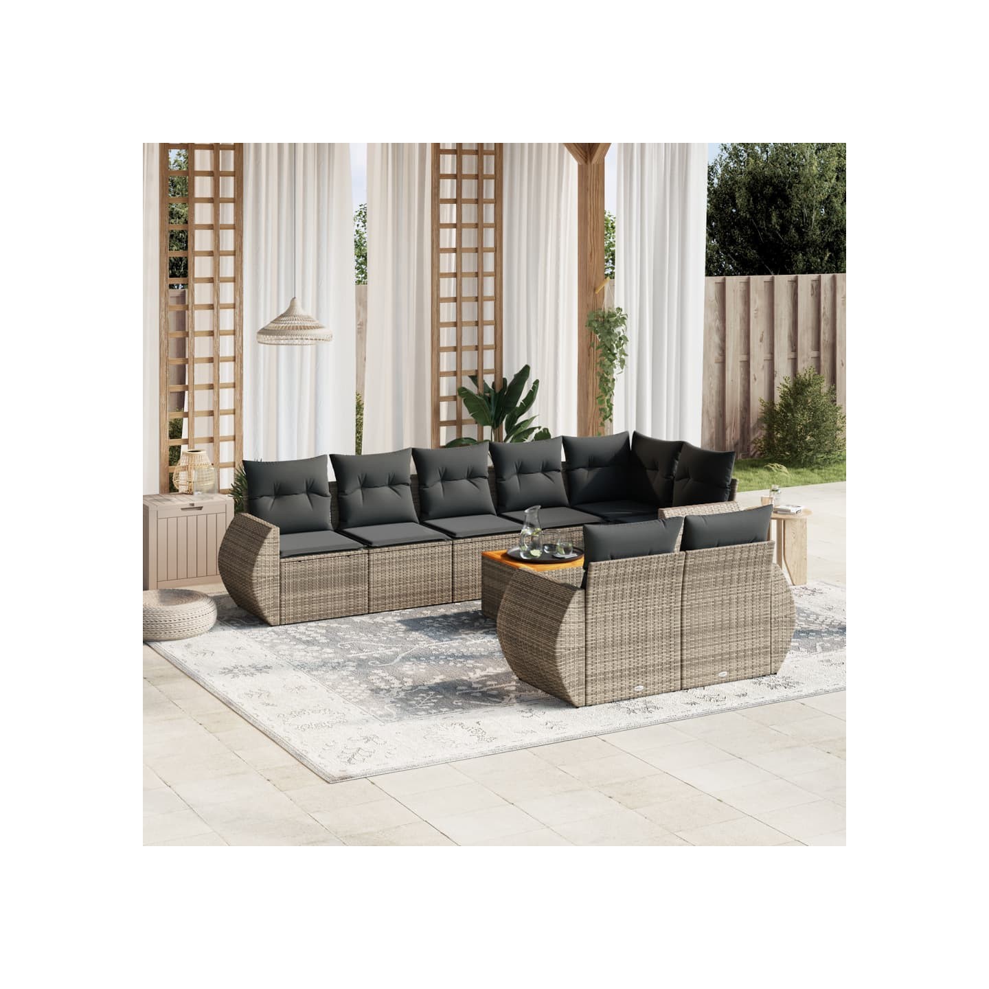 Salon de jardin 9 pcs avec coussins gris résine tressée