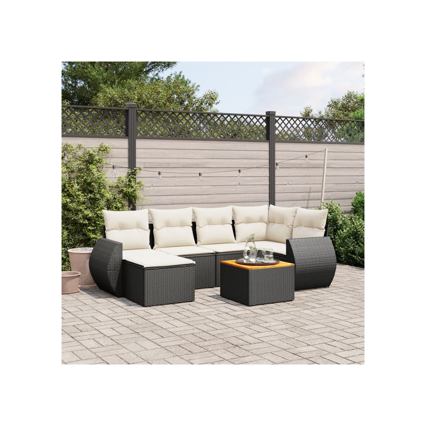 Salon de jardin 7 pcs avec coussins noir résine tressée