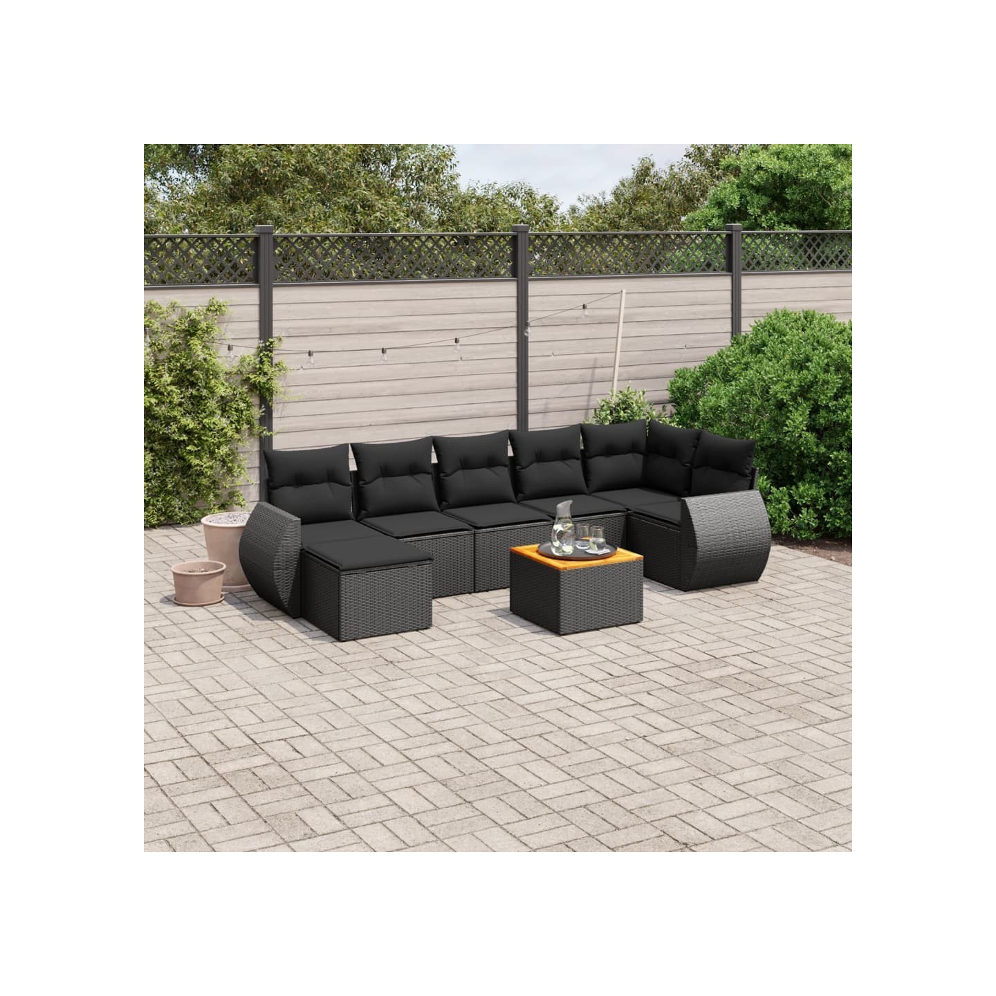 Salon de jardin 8 pcs avec coussins noir résine tressée