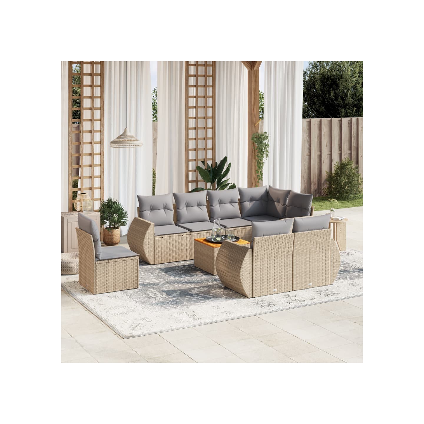 Salon de jardin avec coussins 9 pcs beige résine tressée