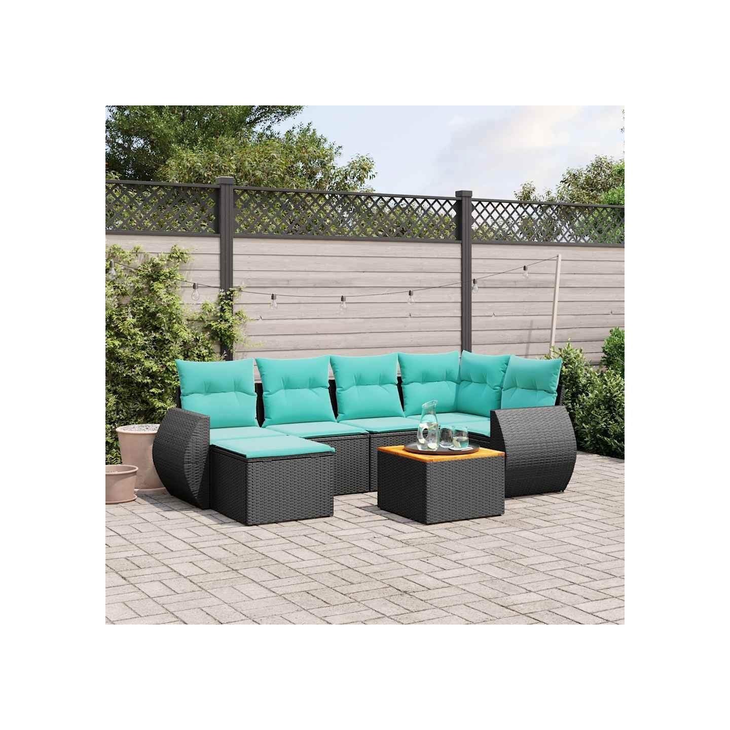 Ensemble de canapé de jardin 7 pcs avec coussins noir résine tressée