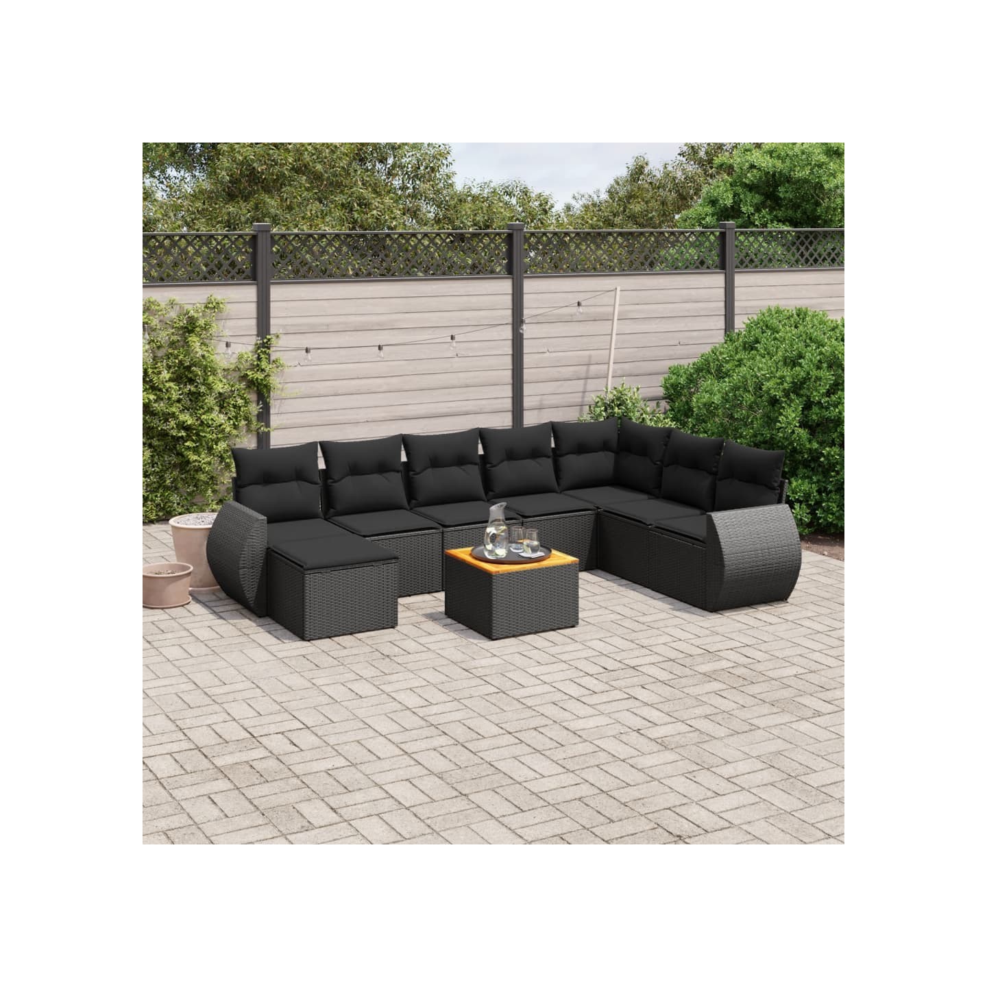 Salon de jardin 9 pcs avec coussins noir résine tressée