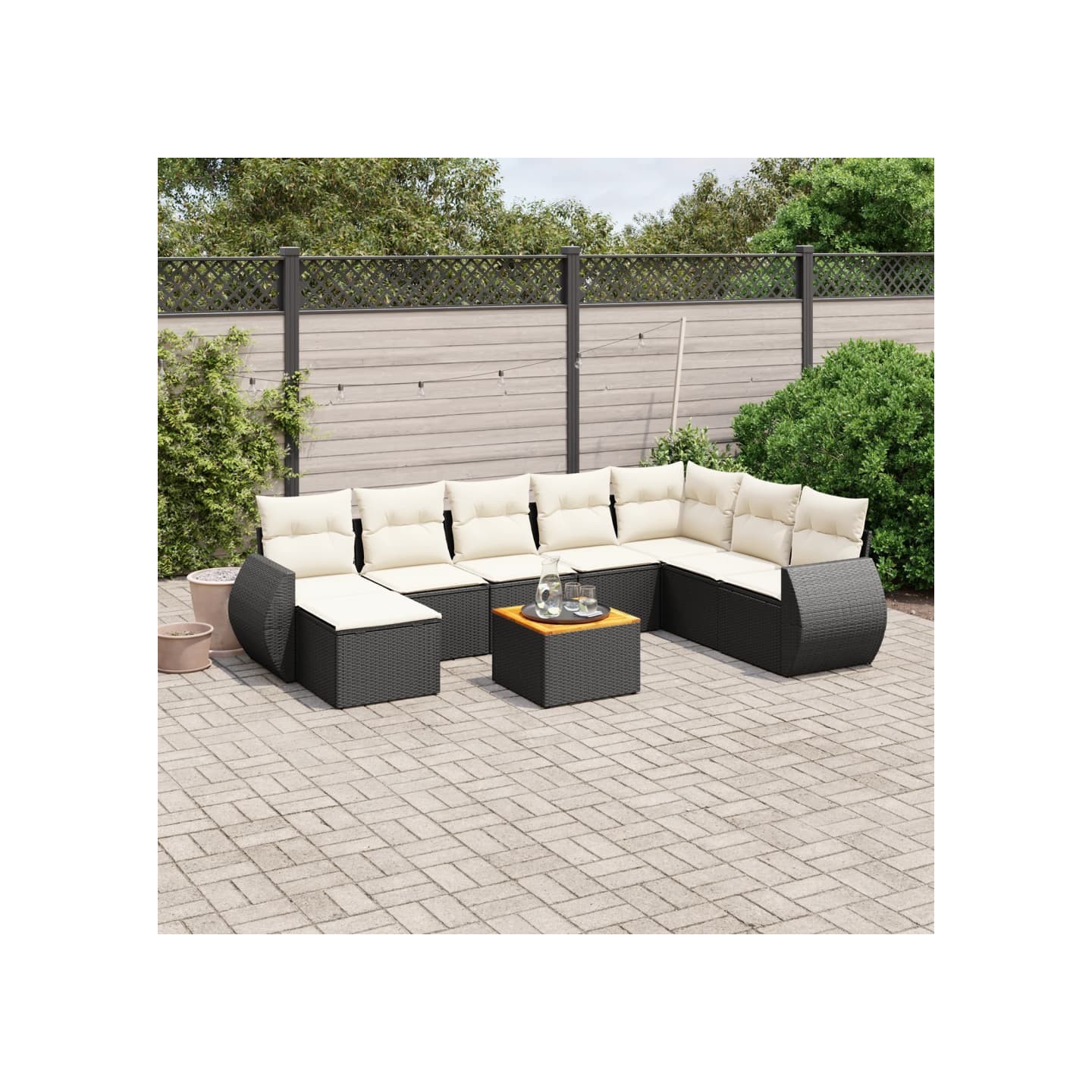 Salon de jardin 9 pcs avec coussins noir résine tressée