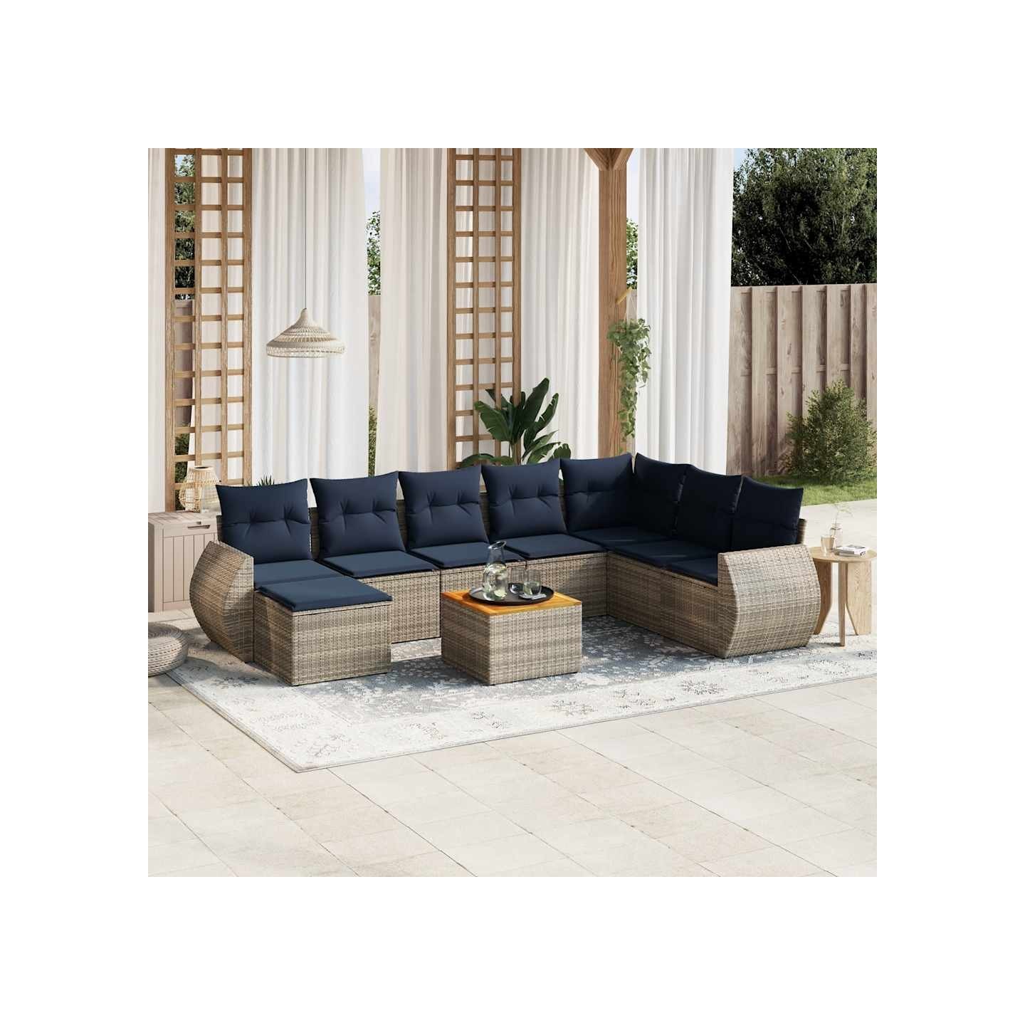 Ensemble de canapé de jardin 9 pcs avec coussins gris résine tressée
