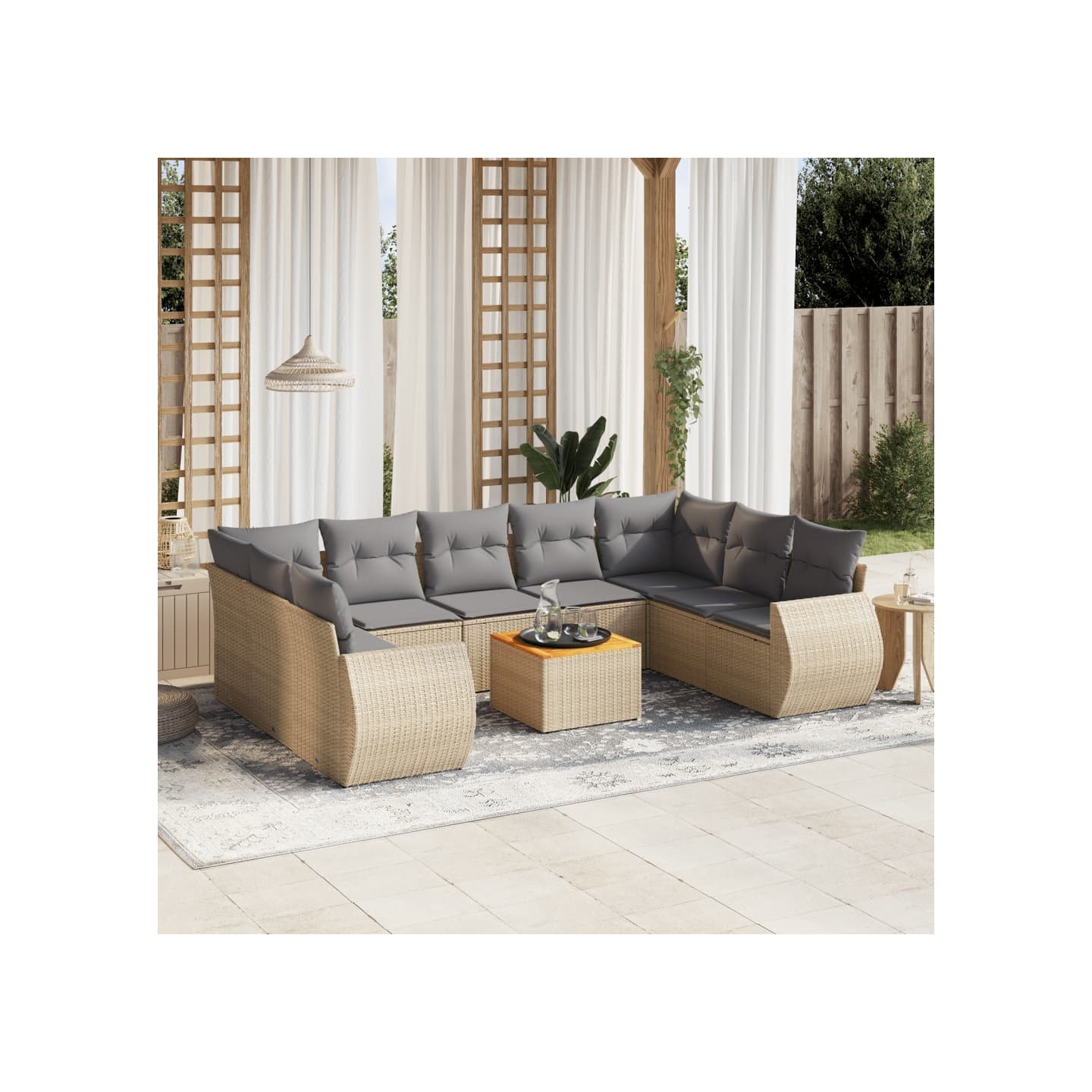 Salon de jardin avec coussins 10 pcs beige résine tressée