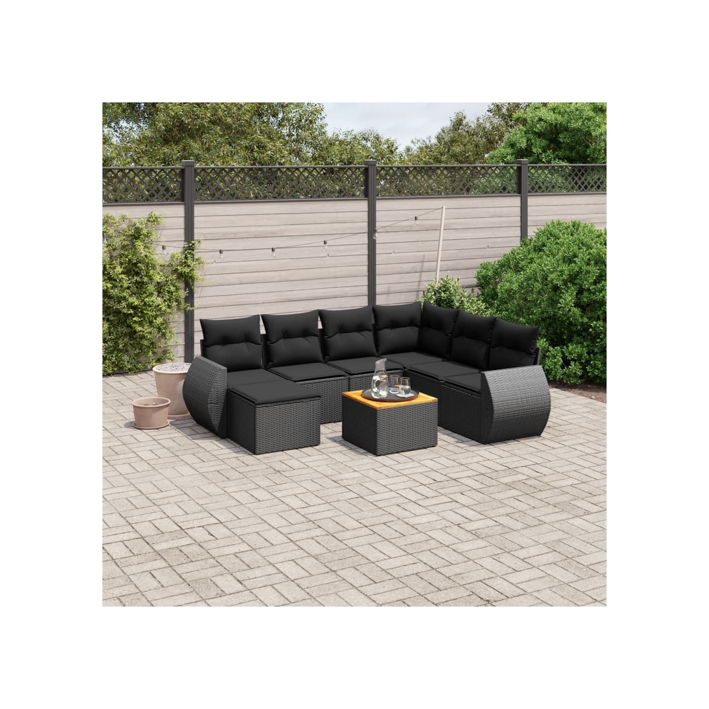 Salon de jardin 8 pcs avec coussins noir résine tressée