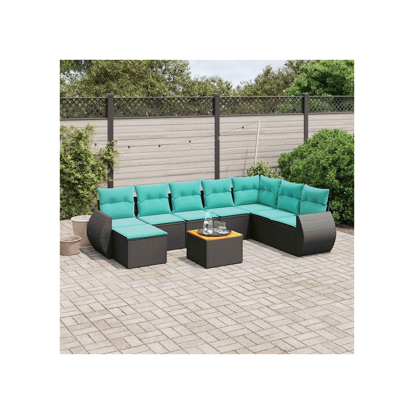 Ensemble de canapé de jardin 9 pcs avec coussins noir résine tressée