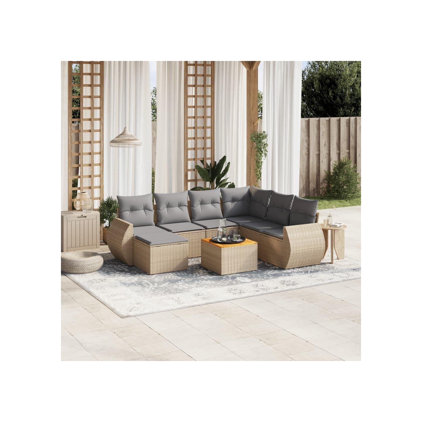 Salon de jardin avec coussins 8 pcs beige résine tressée