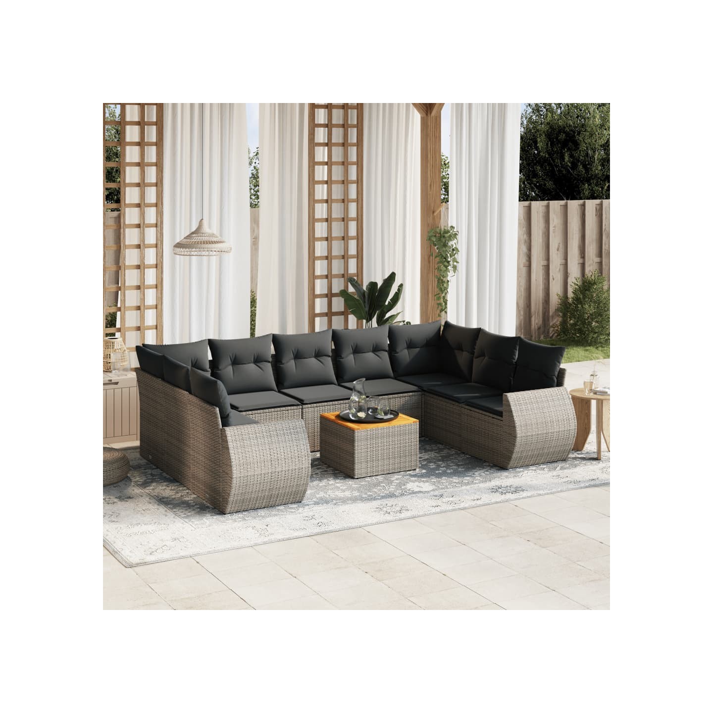 Salon de jardin avec coussins 10 pcs gris résine tressée