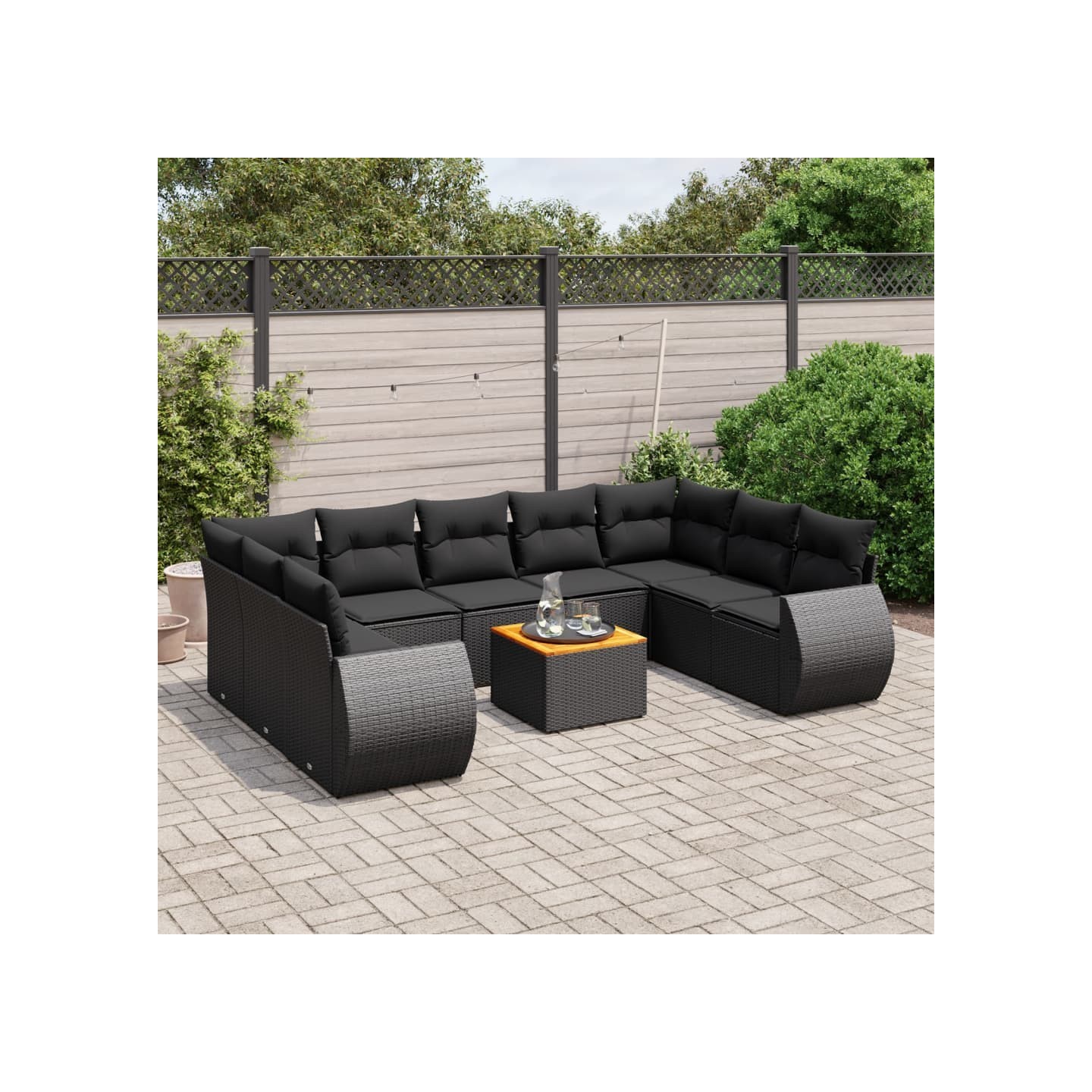 Salon de jardin 10 pcs avec coussins noir résine tressée
