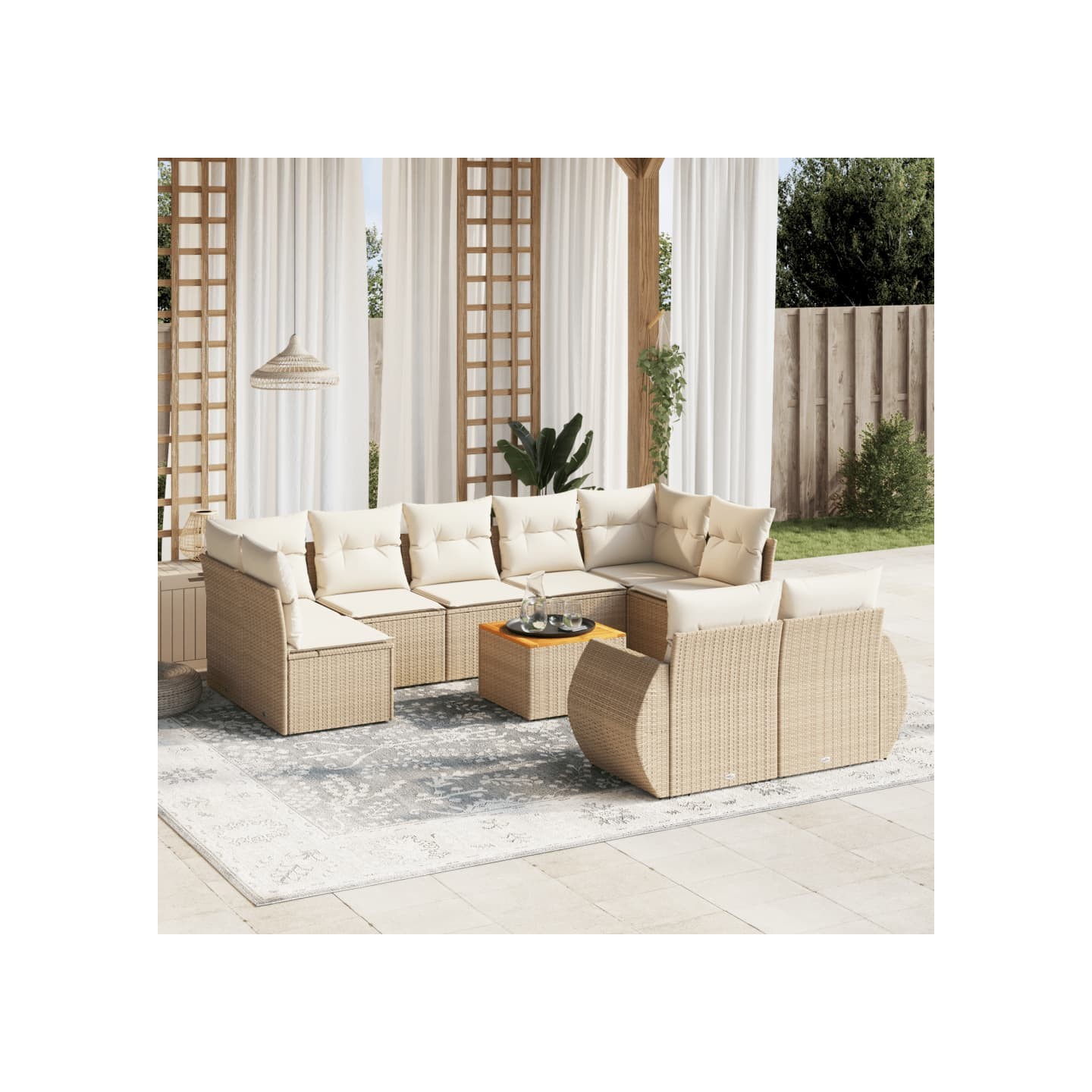 Salon de jardin avec coussins 10 pcs beige résine tressée