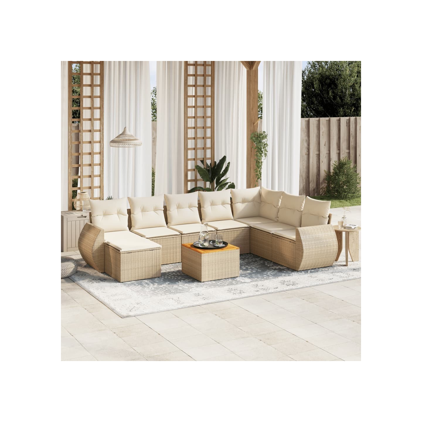 Salon de jardin avec coussins 9 pcs beige résine tressée