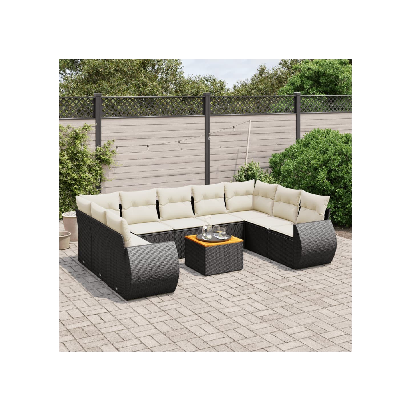 Salon de jardin 10 pcs avec coussins noir résine tressée