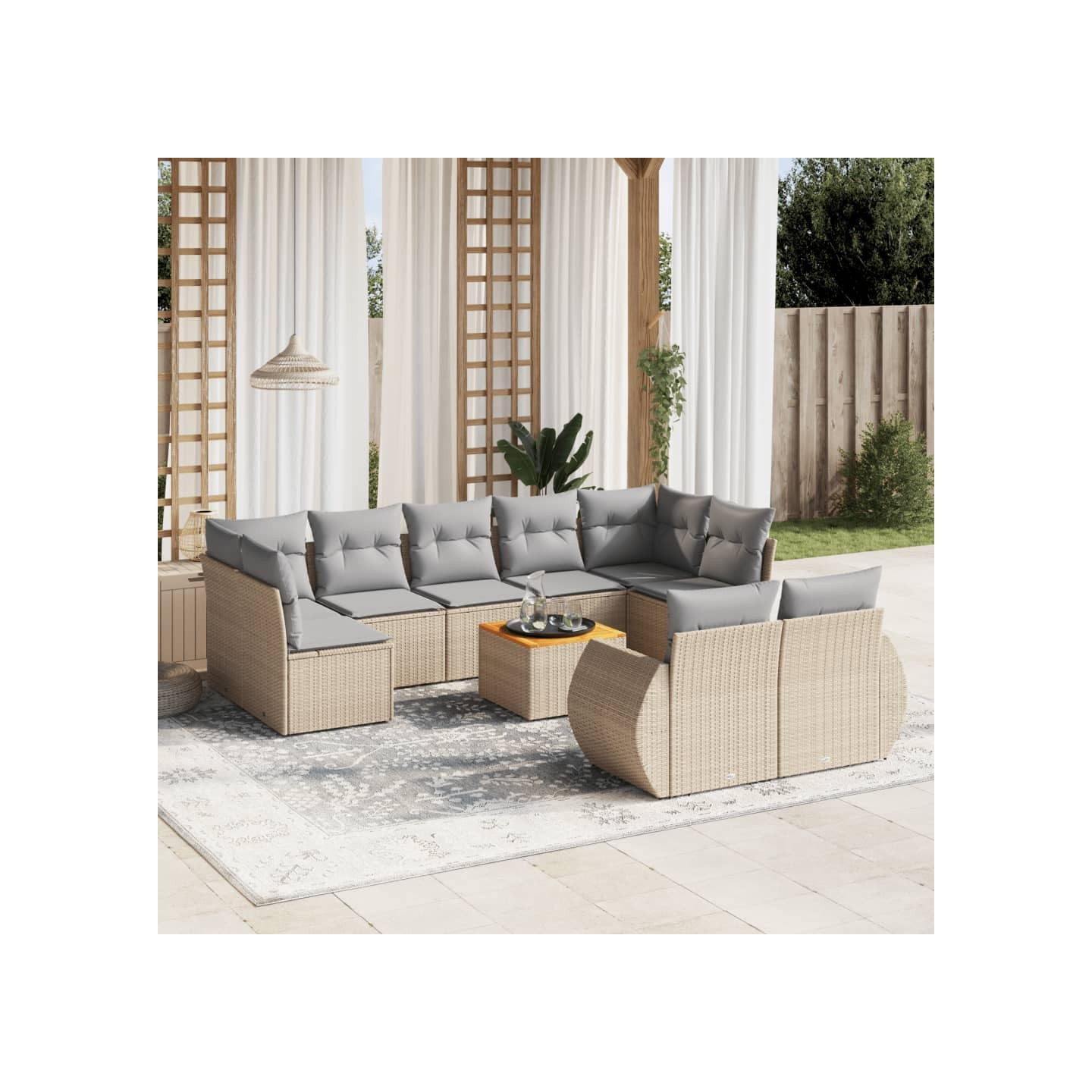 Salon de jardin avec coussins 10 pcs beige résine tressée