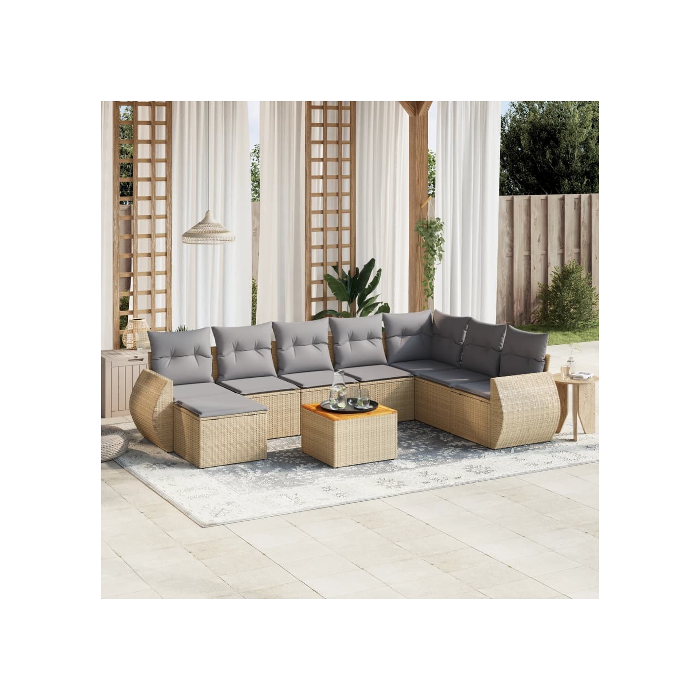 Salon de jardin avec coussins 9 pcs beige résine tressée