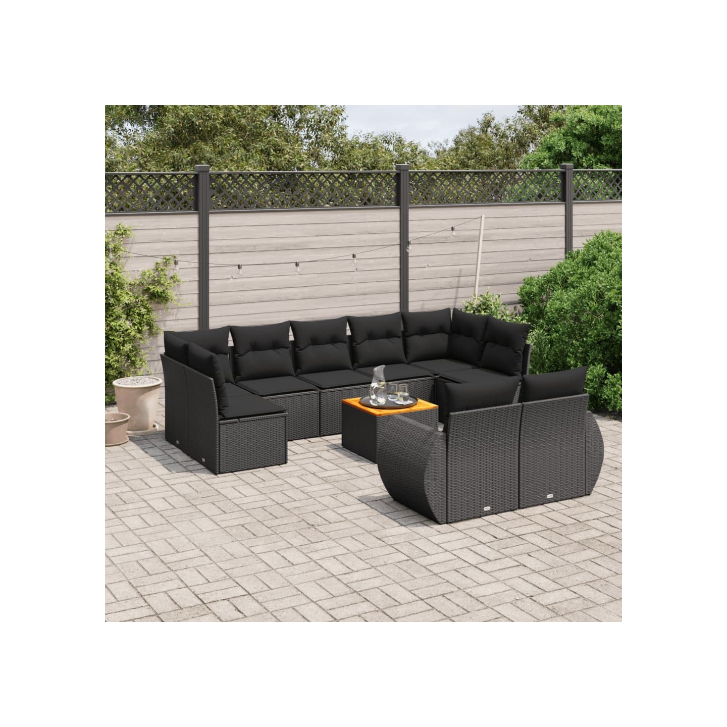 Salon de jardin 10 pcs avec coussins noir résine tressée