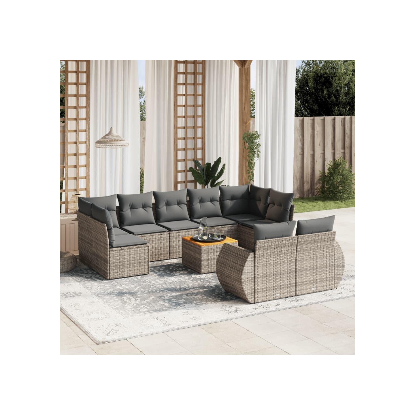 Salon de jardin avec coussins 10 pcs gris résine tressée