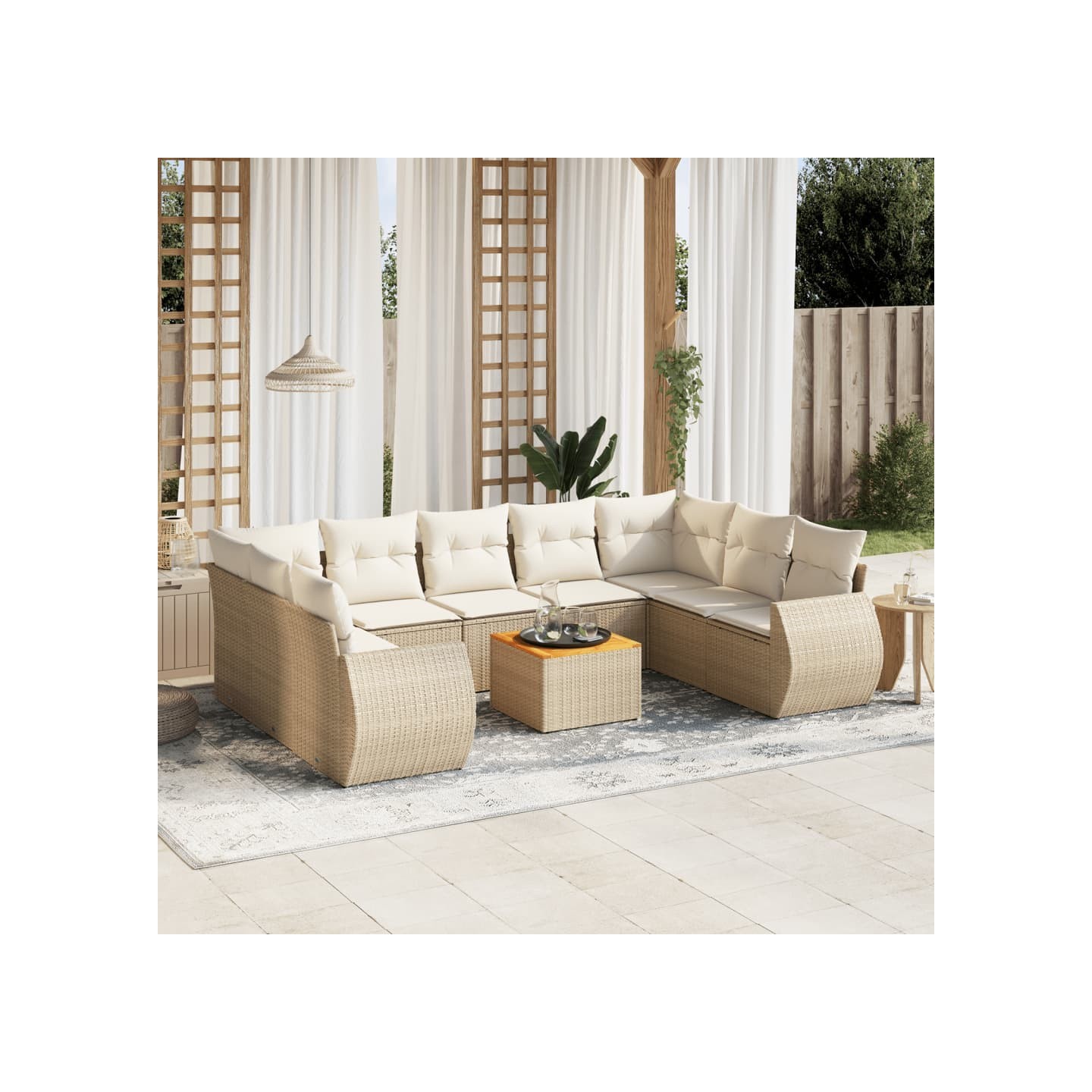 Salon de jardin avec coussins 10 pcs beige résine tressée