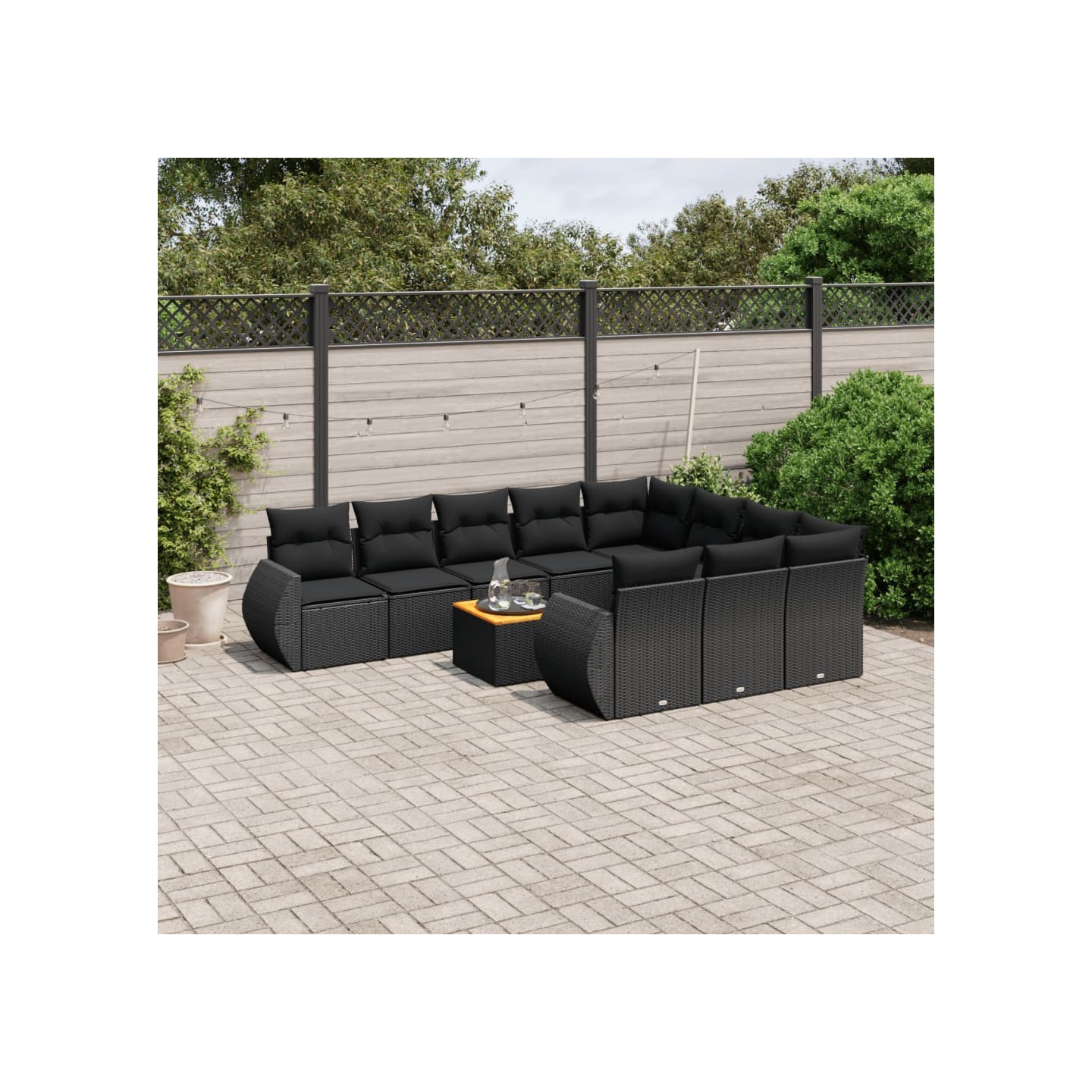 Salon de jardin 11 pcs avec coussins noir résine tressée