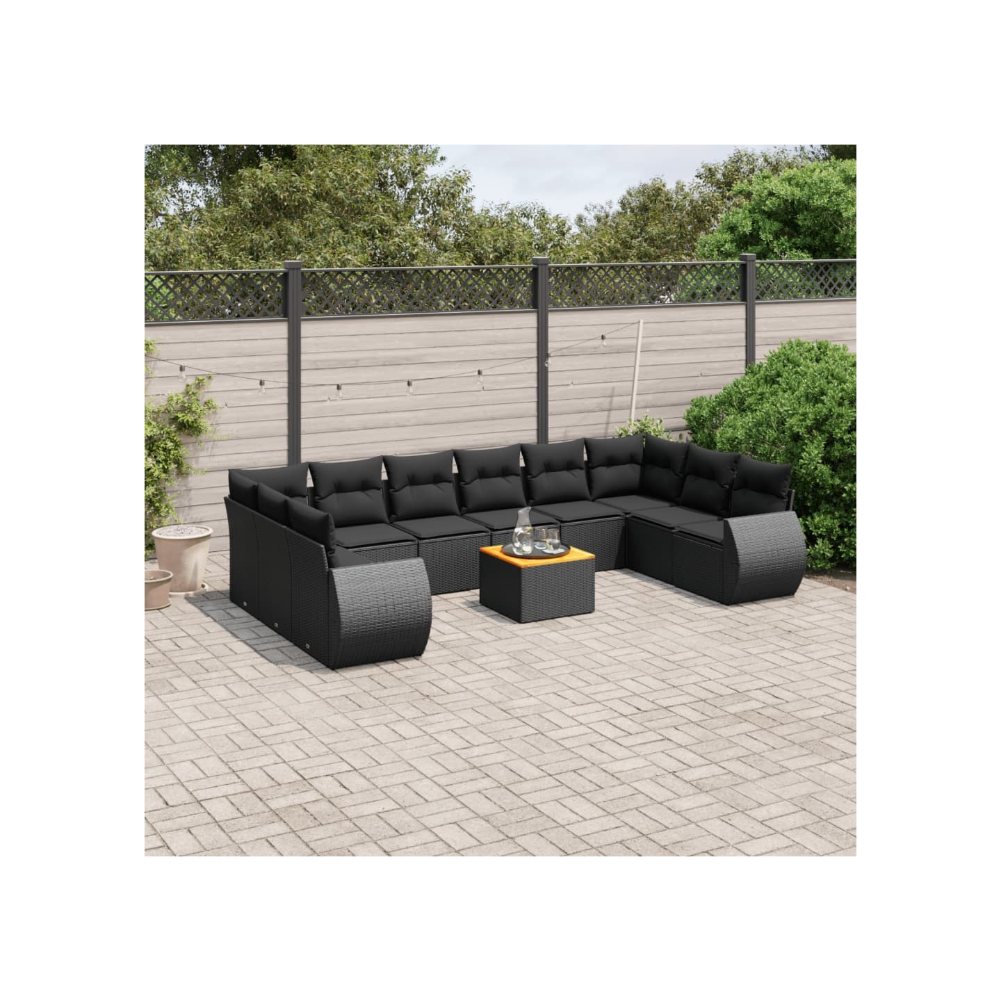 Salon de jardin 11 pcs avec coussins noir résine tressée