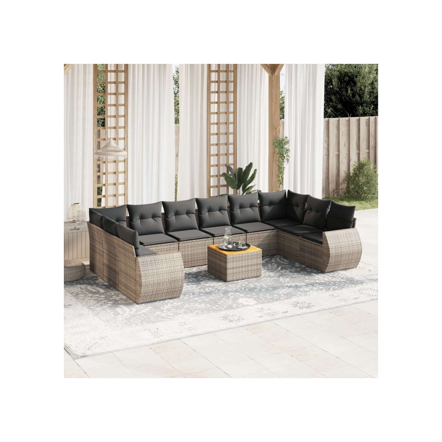 Salon de jardin 11 pcs avec coussins gris résine tressée