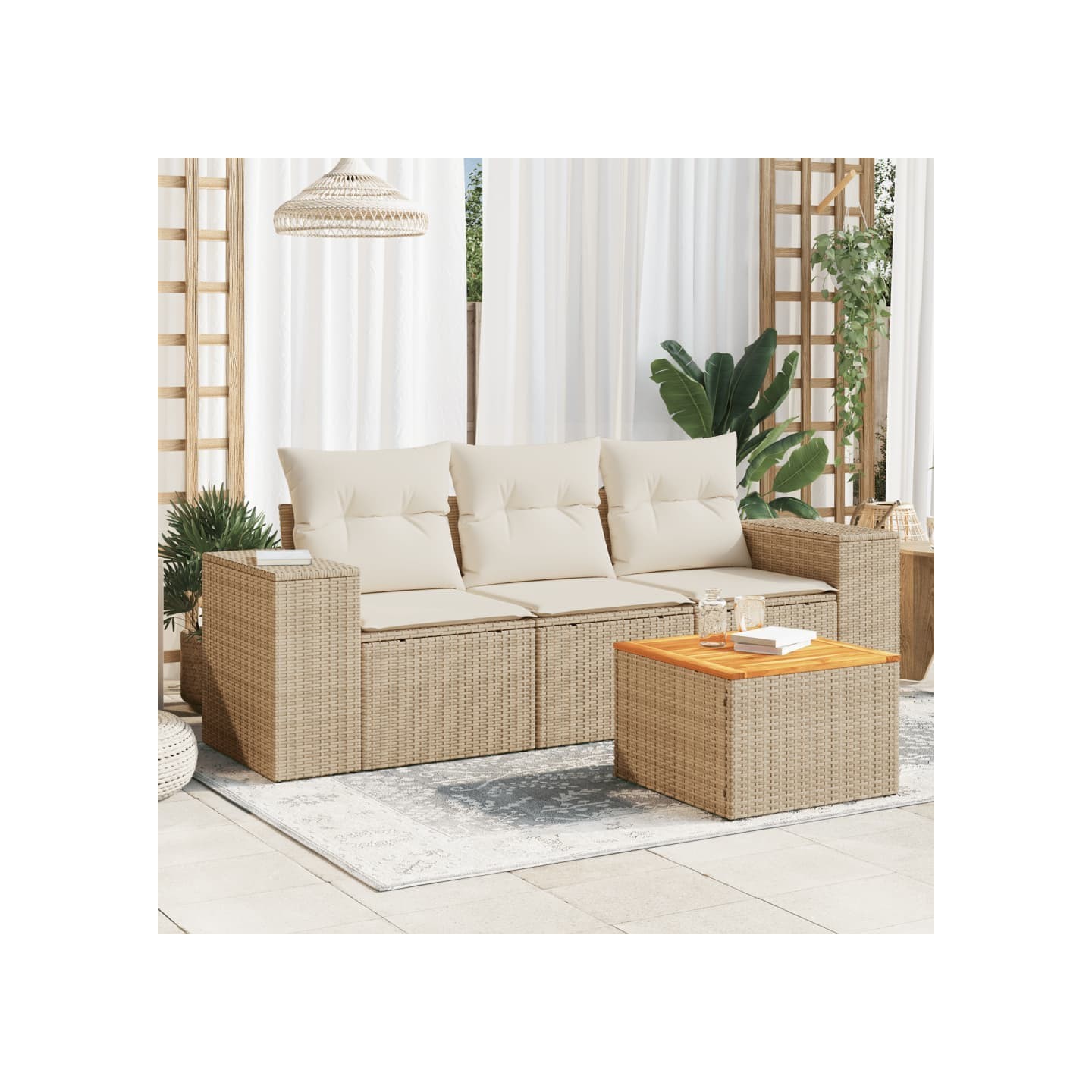 Salon de jardin avec coussins 4 pcs beige résine tressée