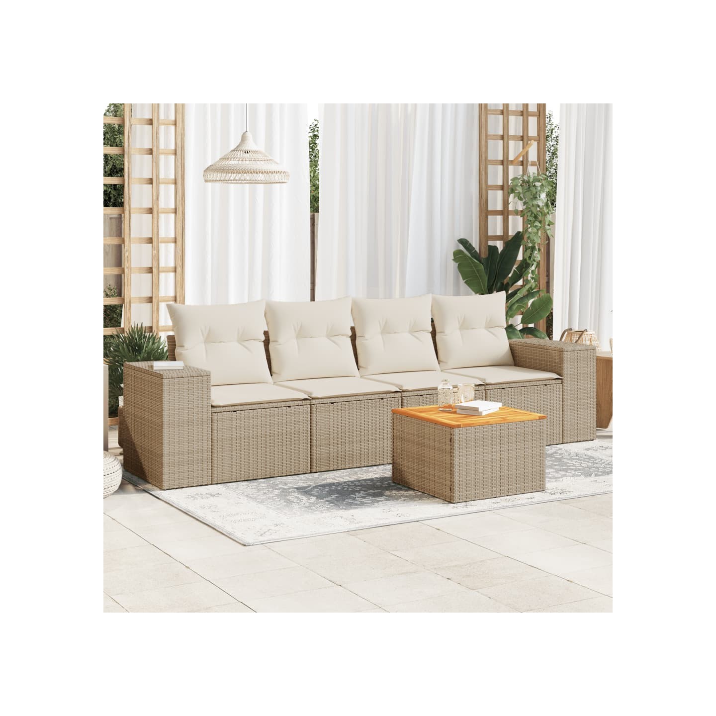Salon de jardin avec coussins 5 pcs beige résine tressée