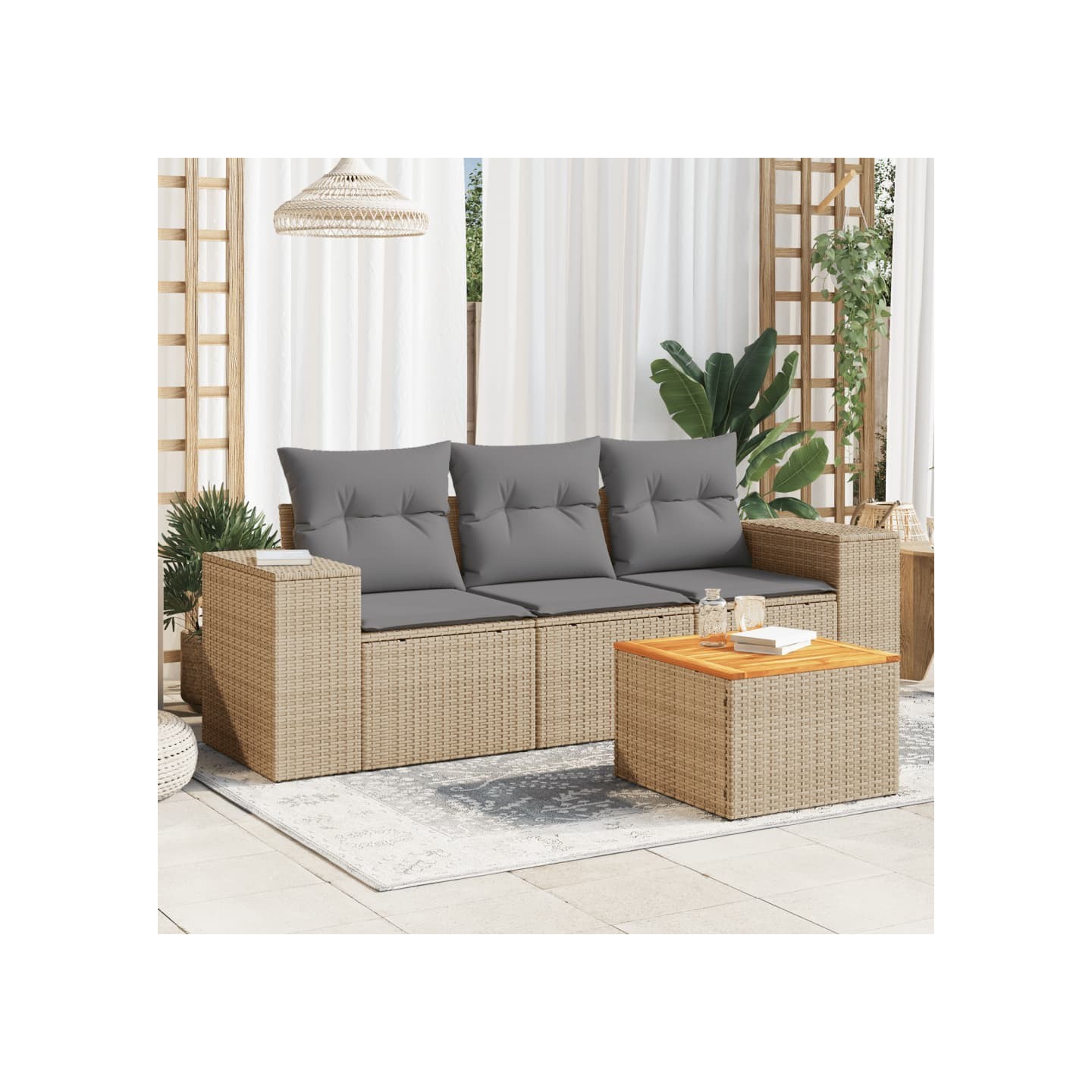 Salon de jardin avec coussins 4 pcs beige résine tressée