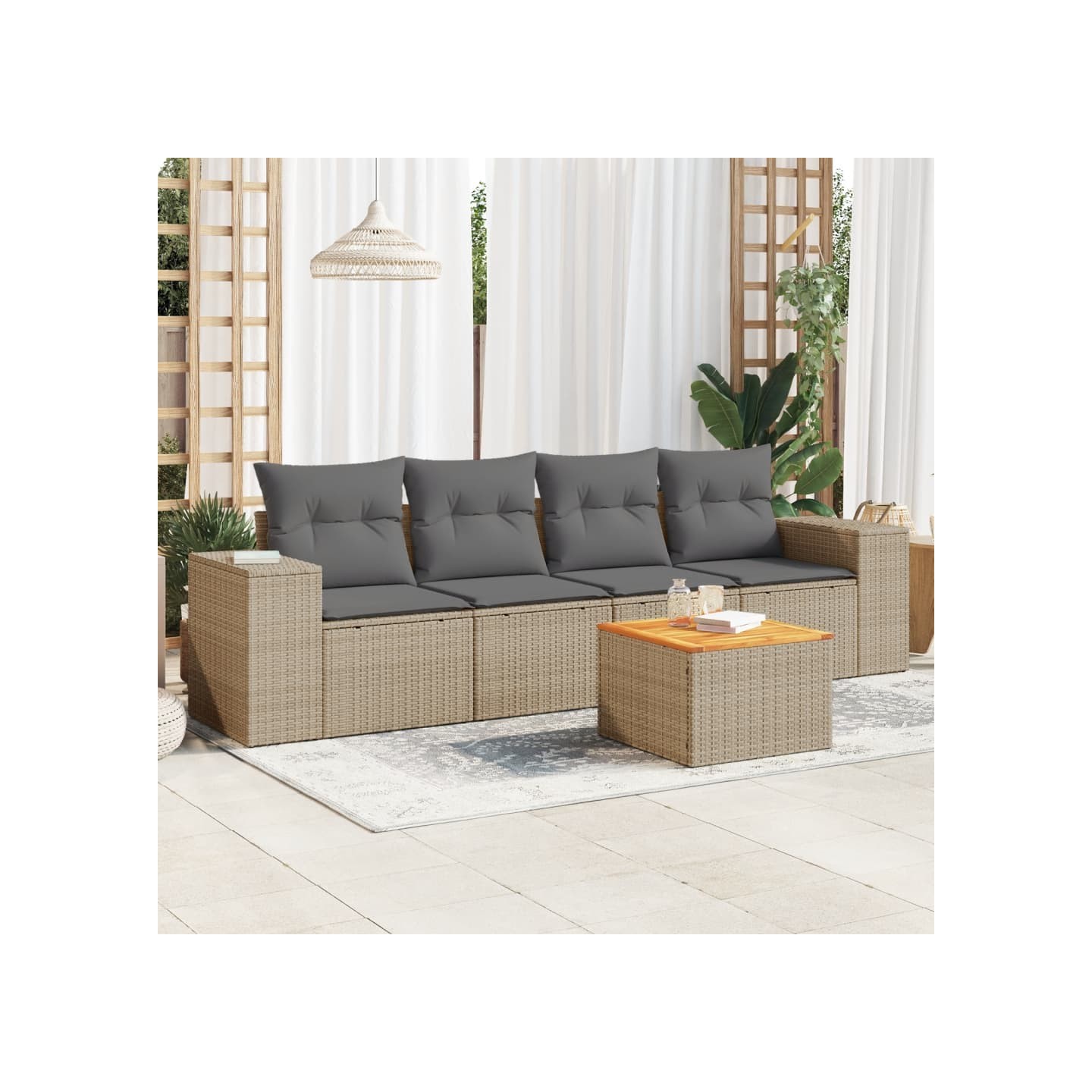 Salon de jardin avec coussins 5 pcs beige résine tressée
