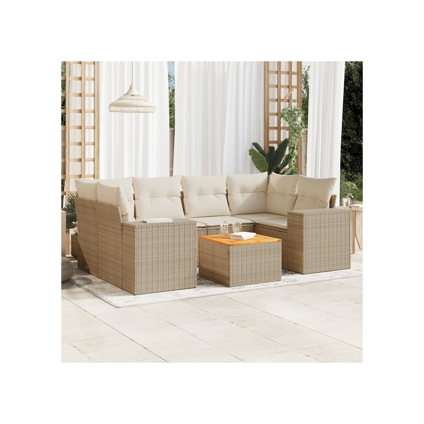 Salon de jardin avec coussins 7 pcs beige résine tressée
