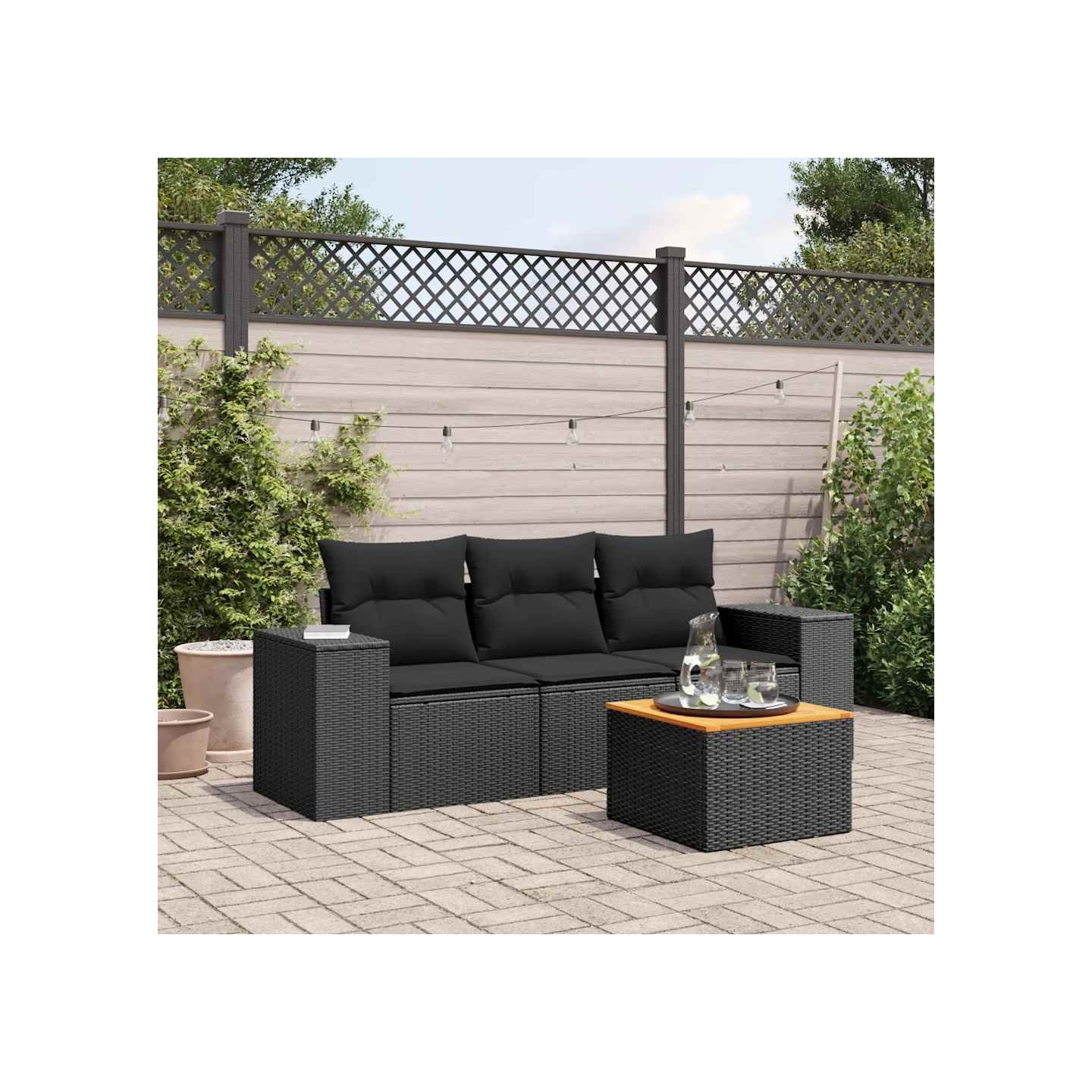 Salon de jardin 4 pcs avec coussins noir résine tressée
