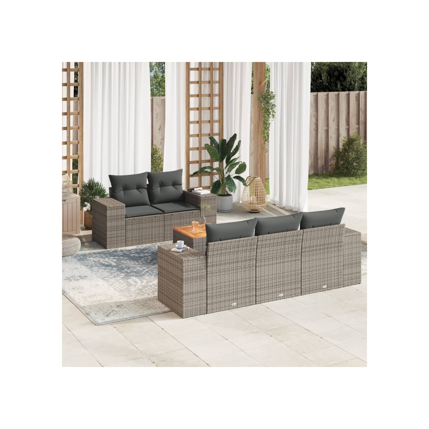 Salon de jardin 6 pcs avec coussins gris résine tressée