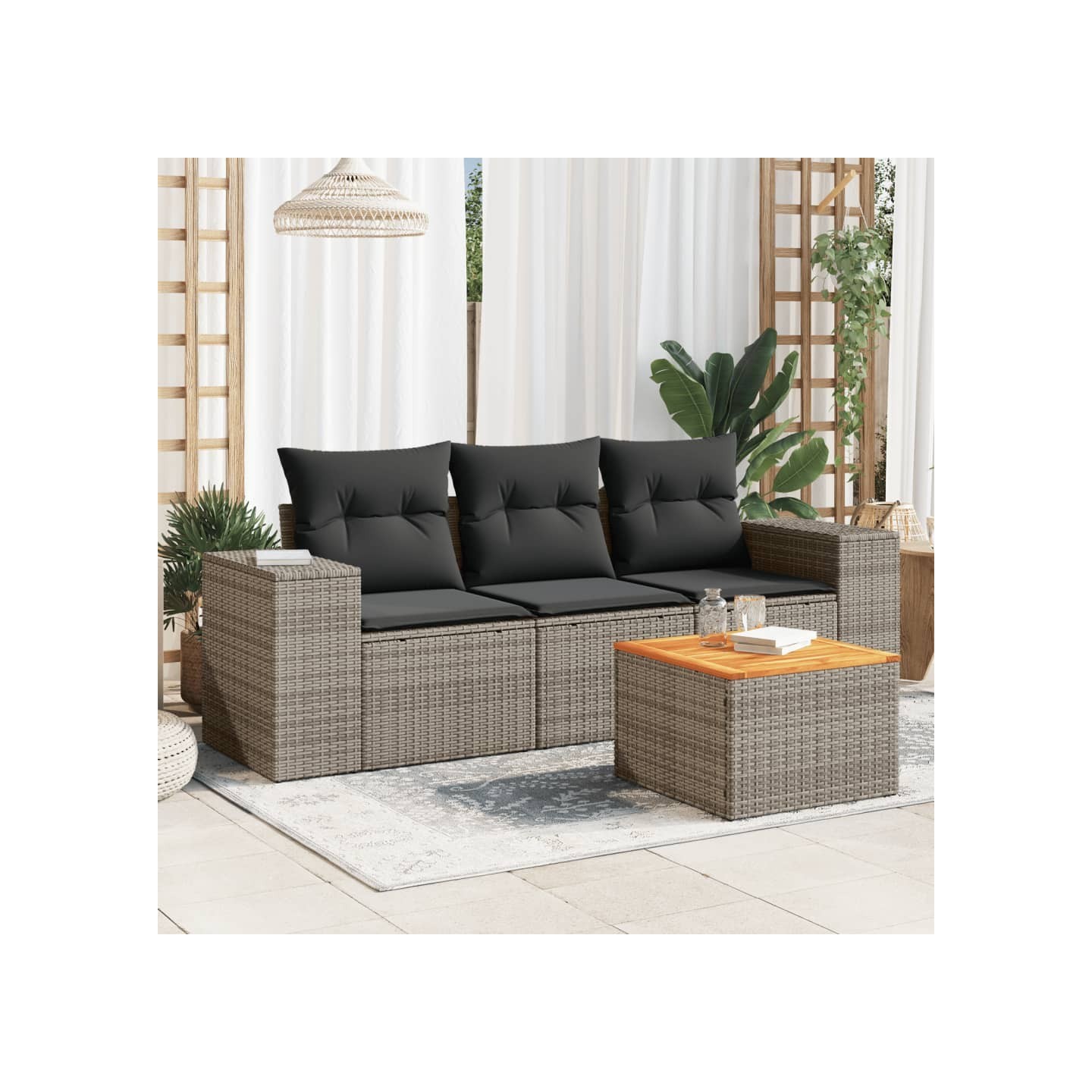 Salon de jardin 4 pcs avec coussins gris résine tressée