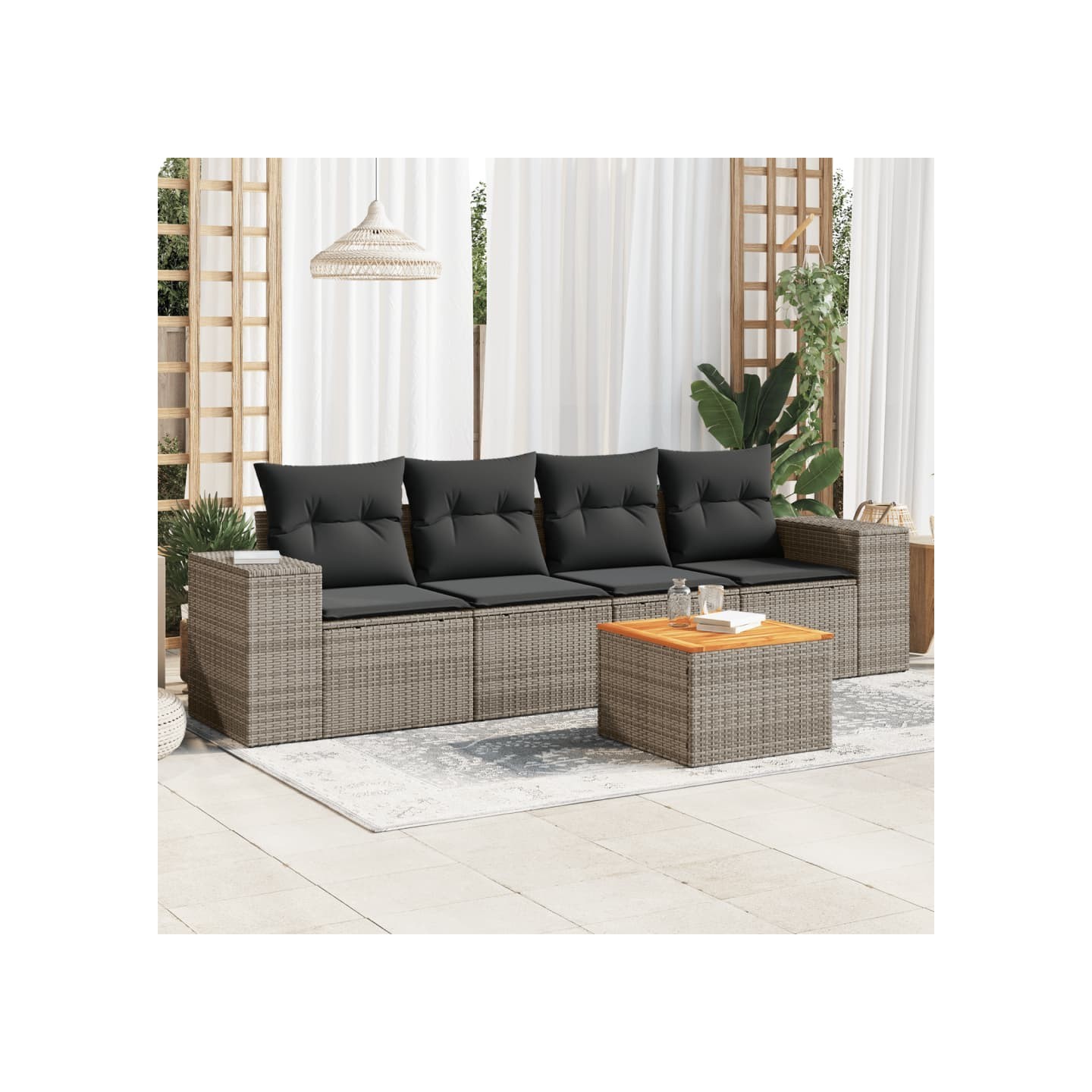 Salon de jardin 5 pcs avec coussins gris résine tressée