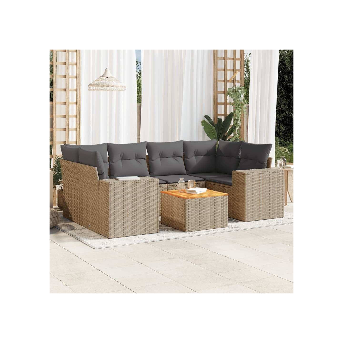 Salon de jardin avec coussins 7 pcs beige résine tressée