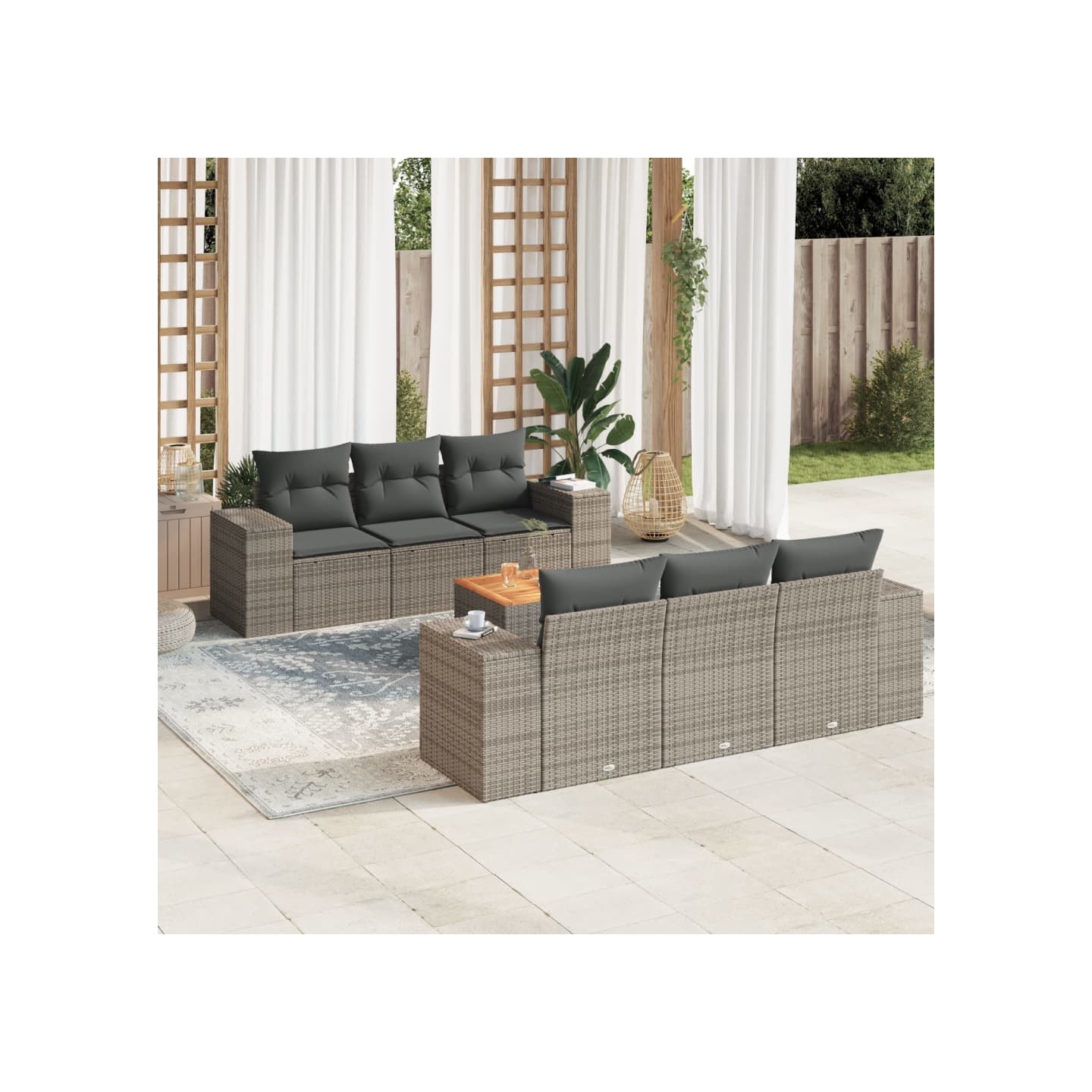 Salon de jardin avec coussins 7 pcs gris résine tressée