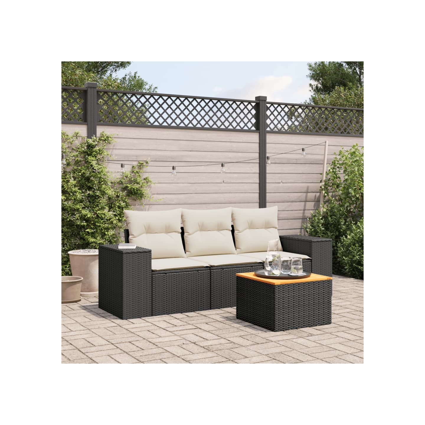 Salon de jardin 4 pcs avec coussins noir résine tressée