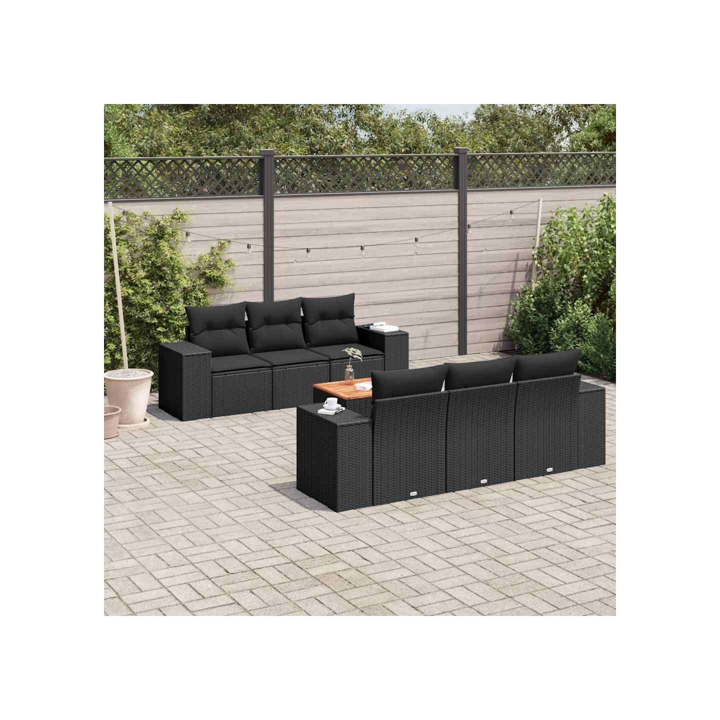 Salon de jardin 7 pcs avec coussins noir résine tressée