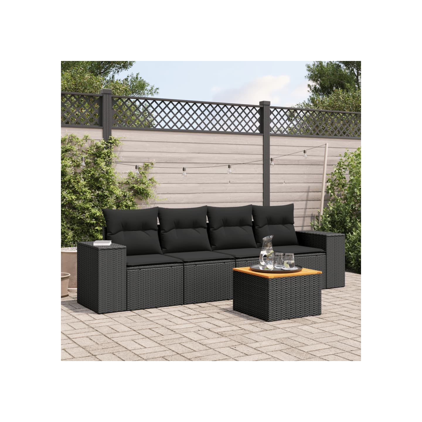 Salon de jardin 5 pcs avec coussins noir résine tressée