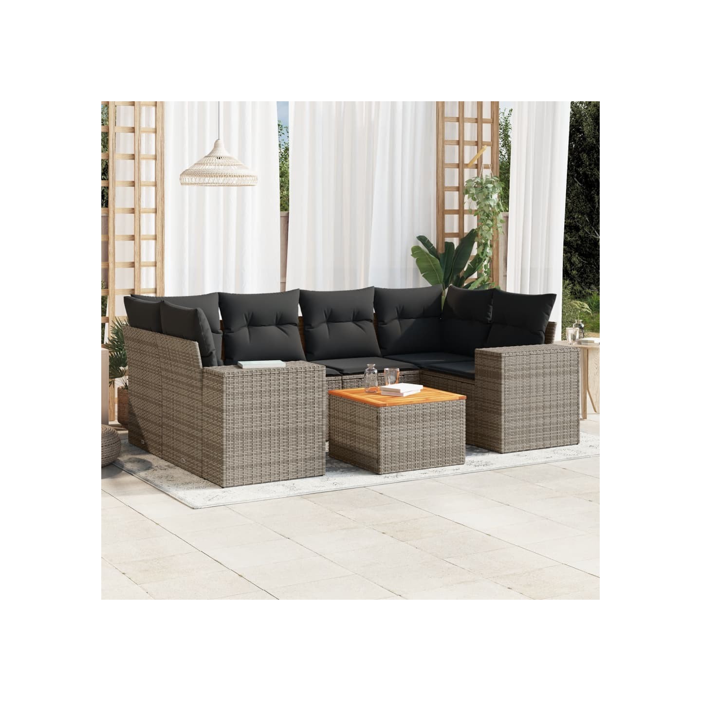 Salon de jardin avec coussins 7 pcs gris résine tressée