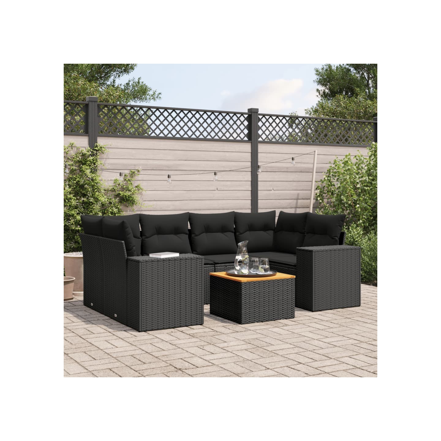 Salon de jardin 7 pcs avec coussins noir résine tressée