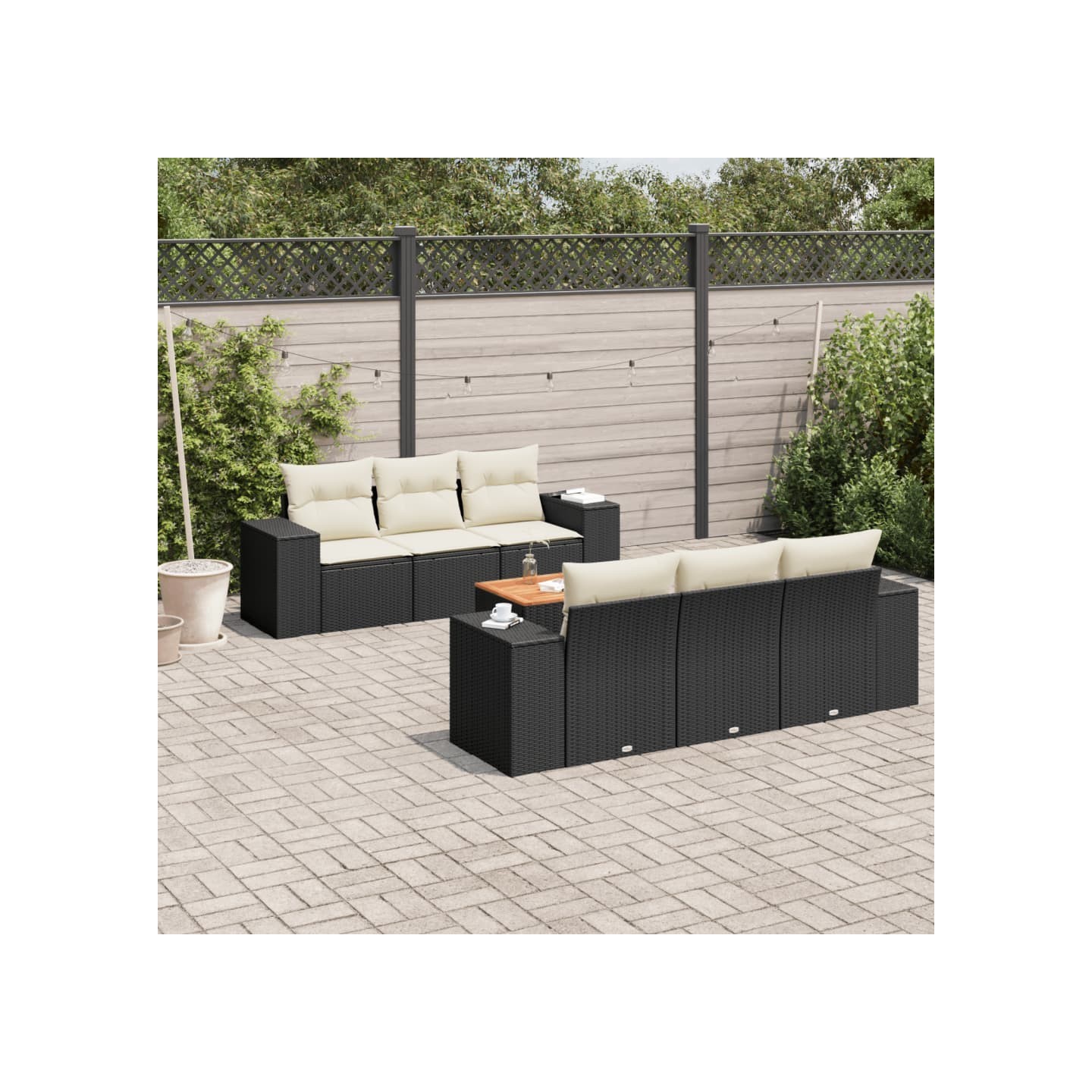 Salon de jardin 7 pcs avec coussins noir résine tressée