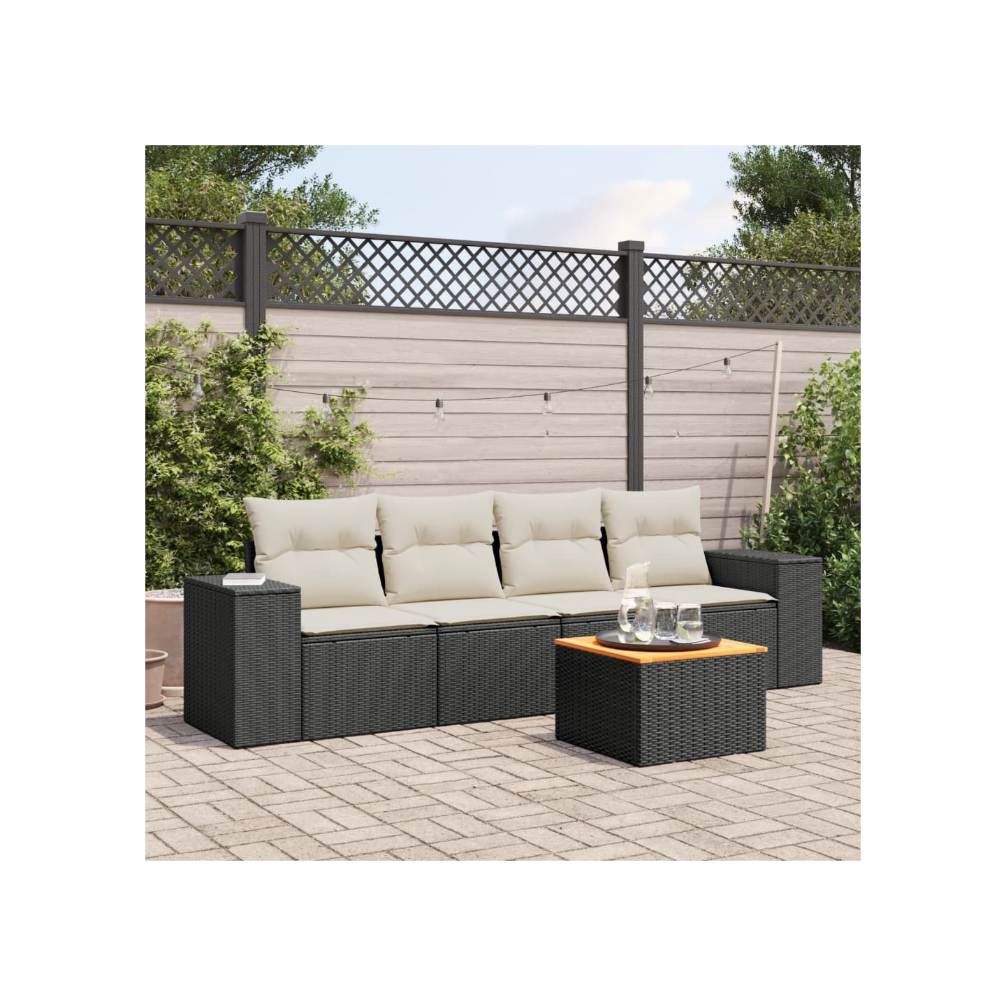 Salon de jardin 5 pcs avec coussins noir résine tressée