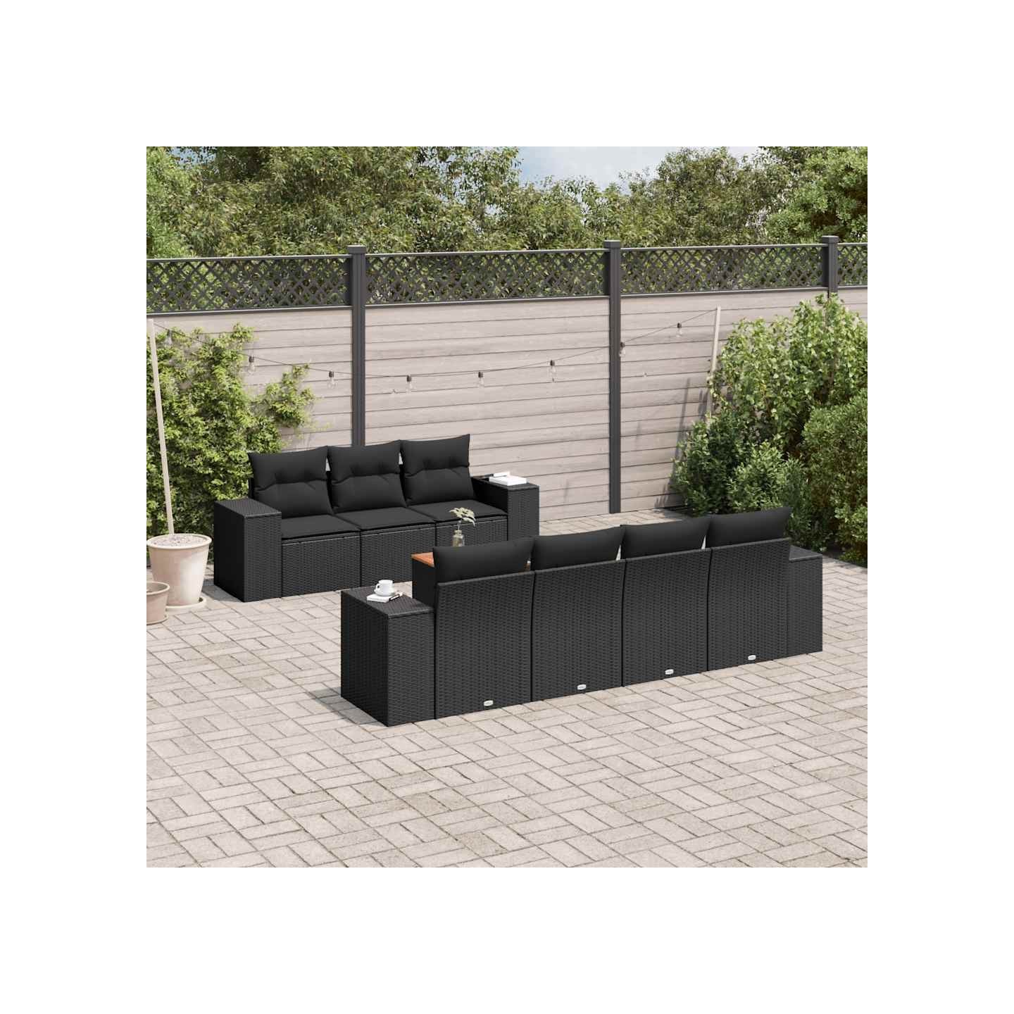 Salon de jardin 8 pcs avec coussins noir résine tressée