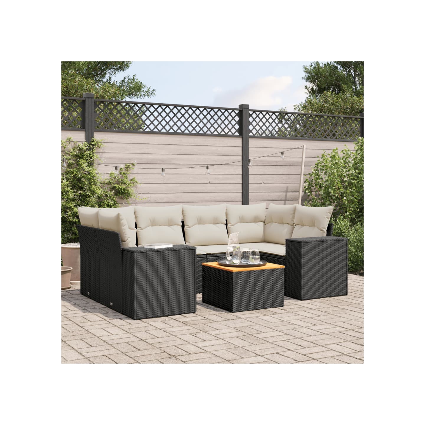 Salon de jardin 7 pcs avec coussins noir résine tressée