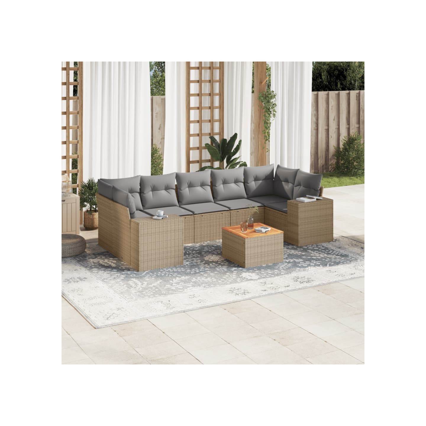 Salon de jardin avec coussins 8 pcs beige résine tressée