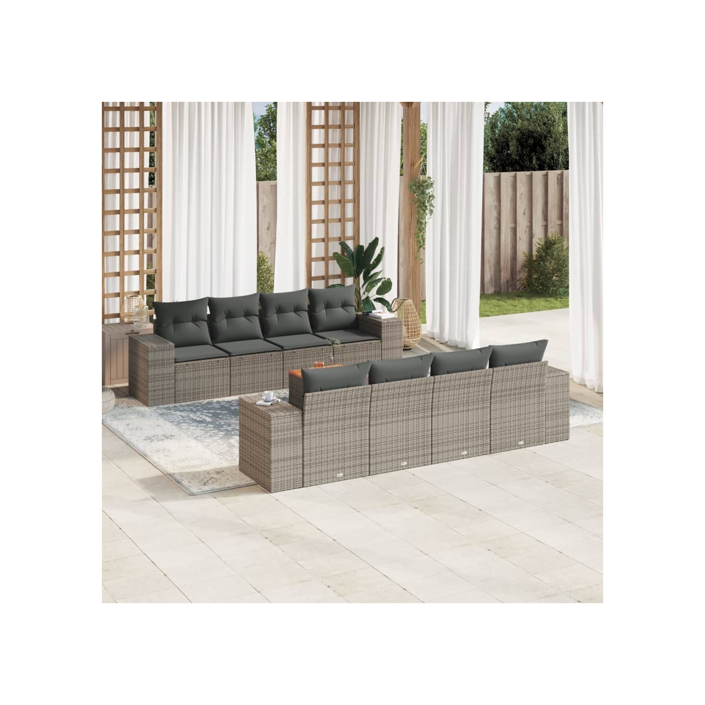 Salon de jardin 9 pcs avec coussins gris résine tressée
