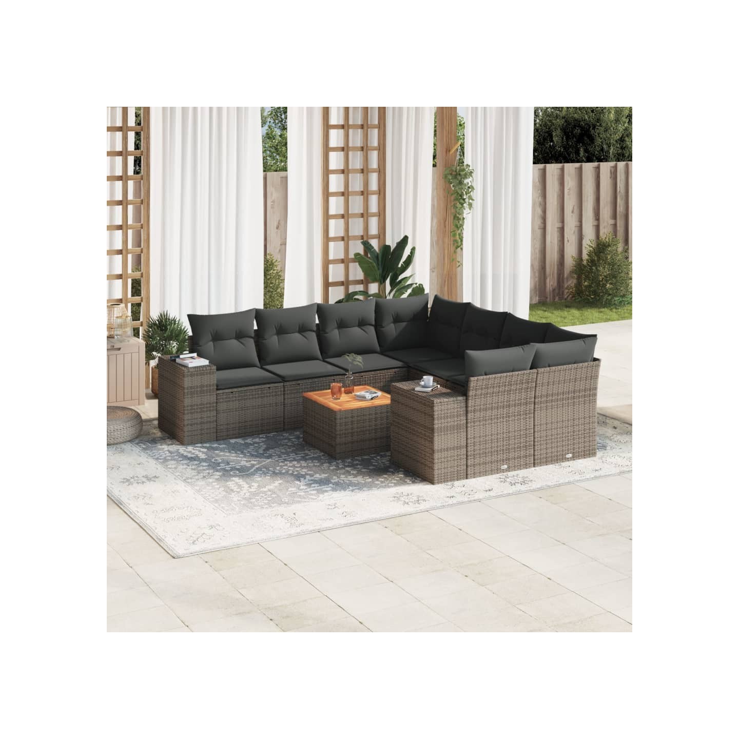 Salon de jardin 9 pcs avec coussins gris résine tressée