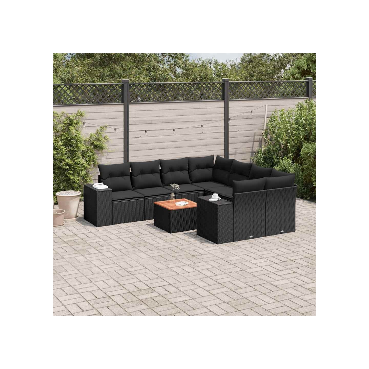 Salon de jardin 9 pcs avec coussins noir résine tressée