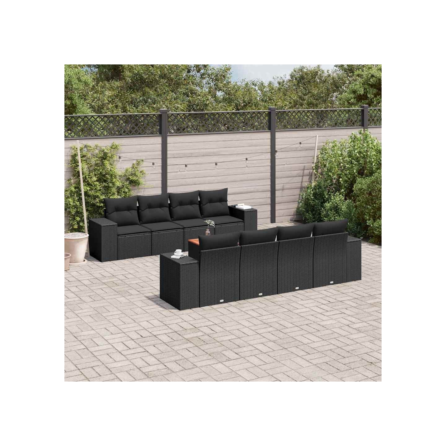 Salon de jardin 9 pcs avec coussins noir résine tressée